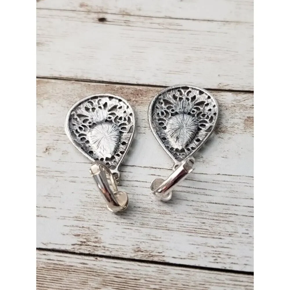 Vintage Clip On Earrings Silver Tone & Orange Ornate Teardrop Shape Dangle